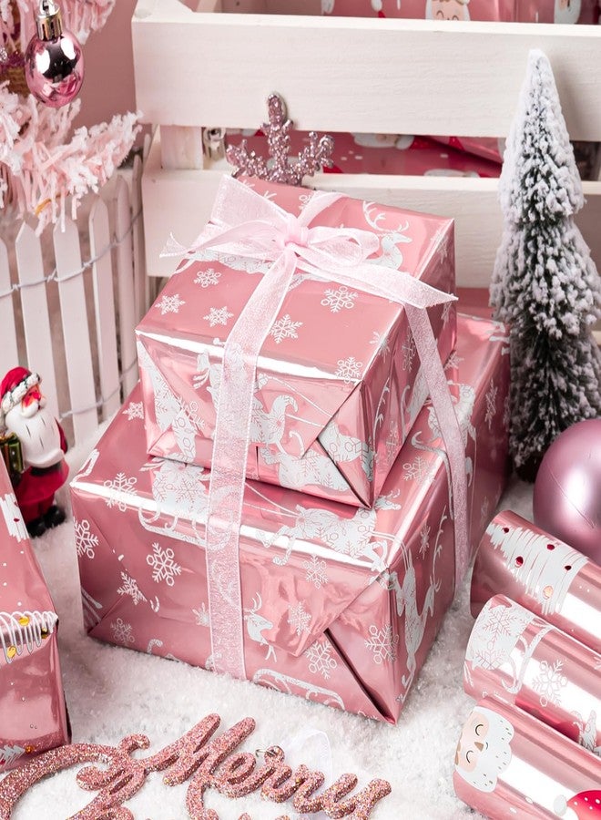 MAYPLUSS Pink Christmas Wrapping Paper - 17In x 120In Per Roll - Girly Festive Metallic Foil Trees, Cute Santa, Winter Sled Design Christmas Girls Pink Gift Wrap Paper for Winter Holiday, Birthday - Image 2